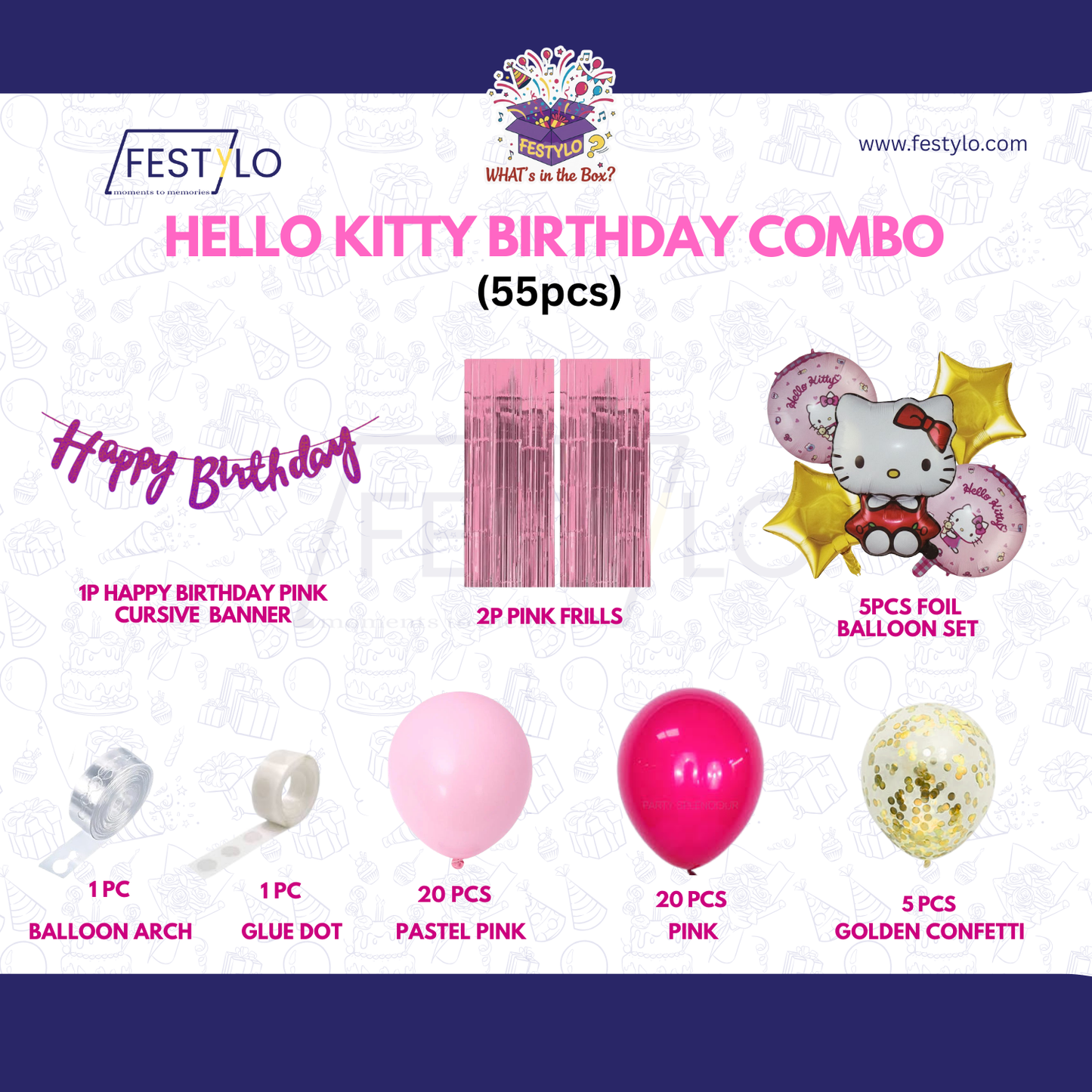 Hello Kitty Birthday Combo (55 pcs) Rose Gold Frills