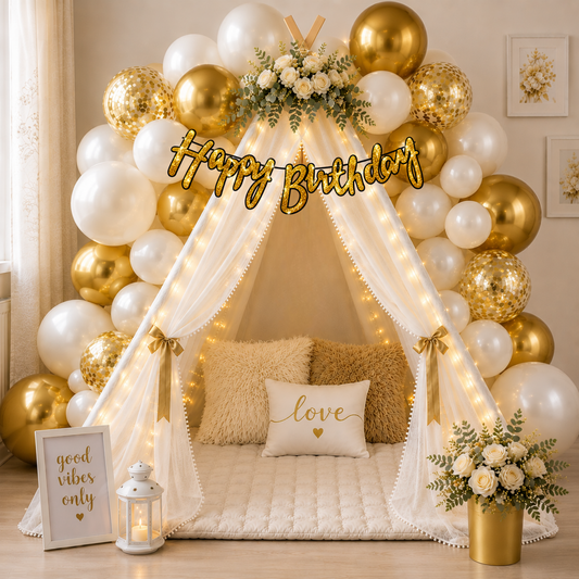 Golden White Theme Birthday Decoration Combo – 59 Pcs