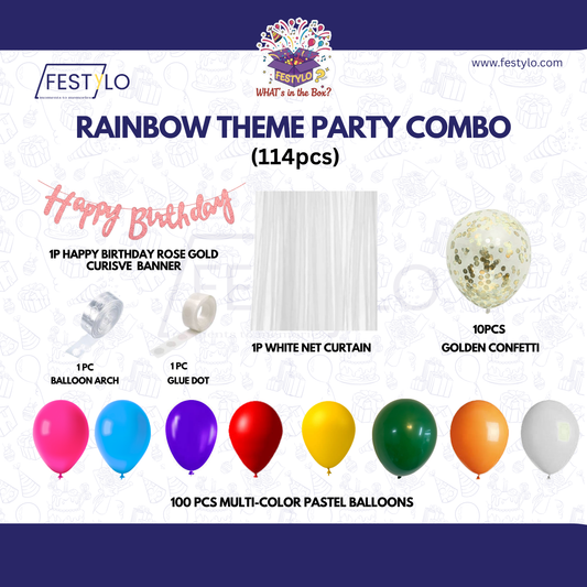 Rainbow Theme Rose-Gold Banner with Golden confetti Decoration Kit (114 Pcs)