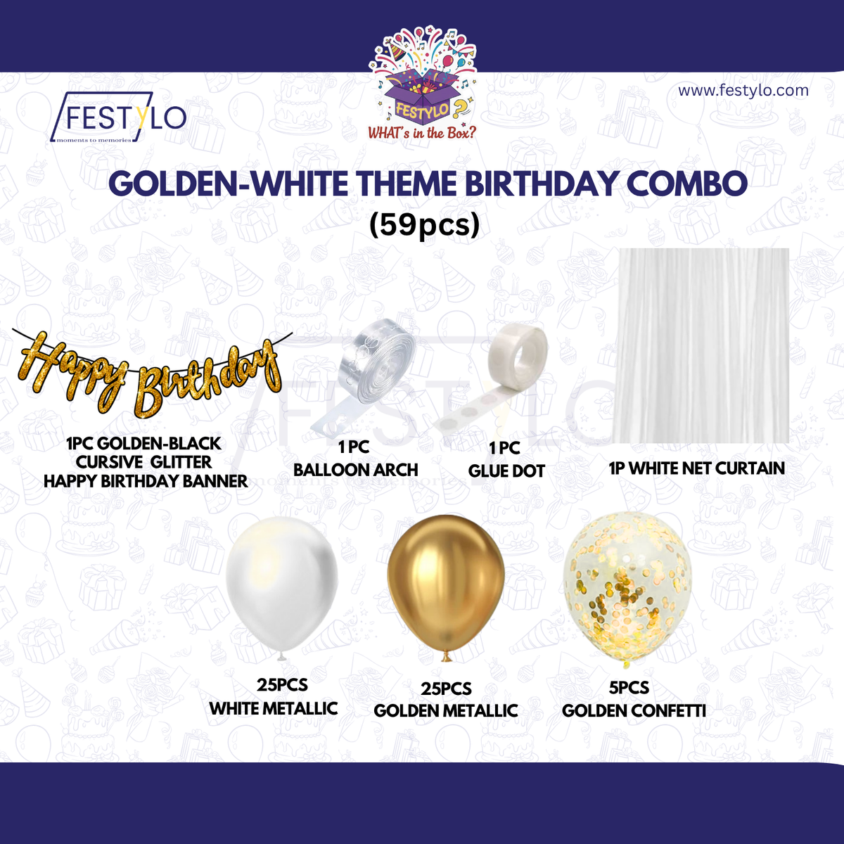 Golden White Theme Birthday Decoration Combo – 59 Pcs