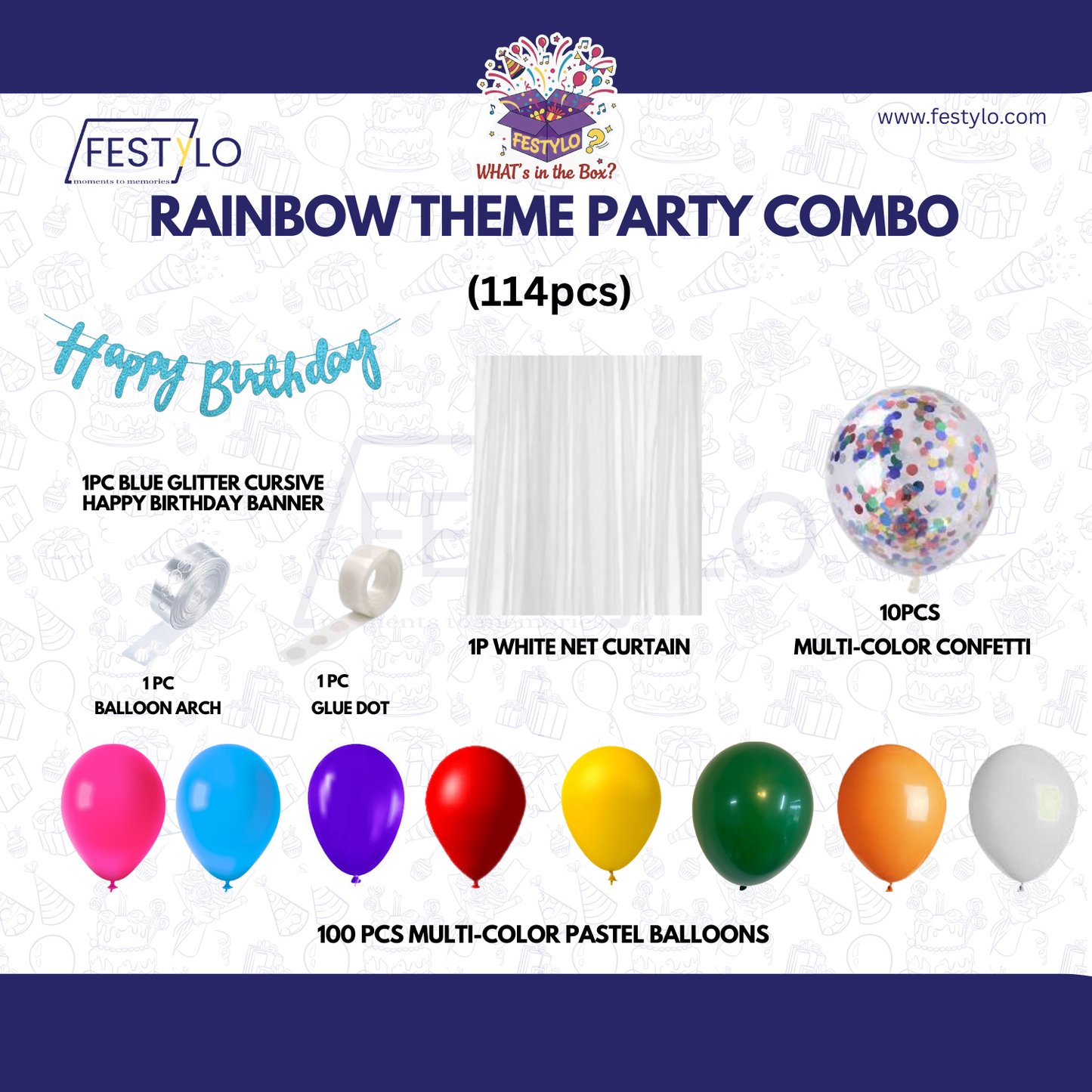 Rainbow Theme Blue Banner with Multi-color confetti Decoration Kit (114 Pcs)