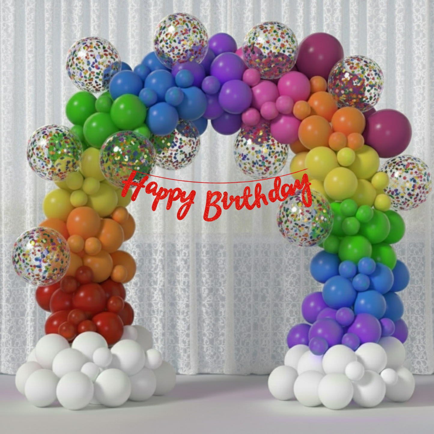 Rainbow Theme Red Banner with Multi-color confetti Decoration Kit (114 Pcs)