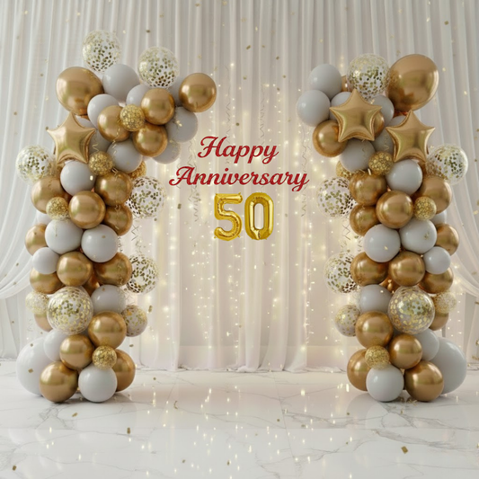 50th Anniversary Combo Decoration Kit (53 Pcs) – White & Gold Theme with Curtain