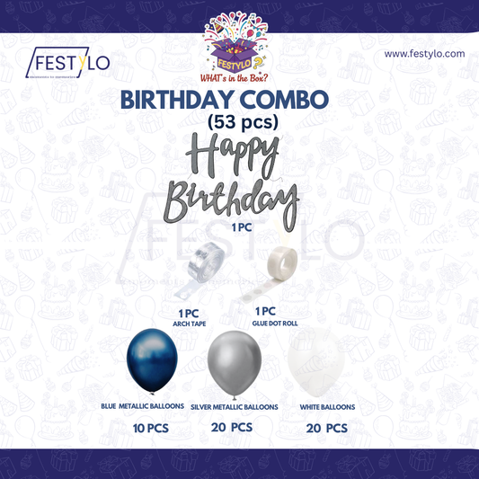 Blue White Silver Birthday Decor (53 pcs)