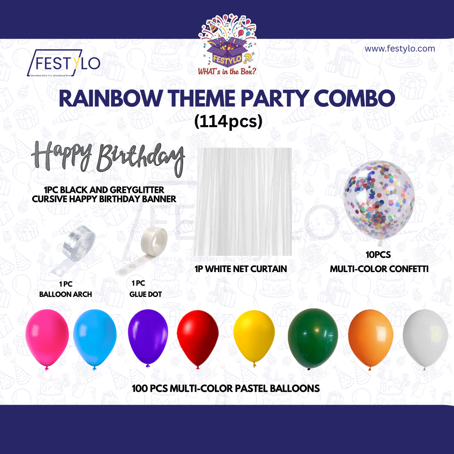 Rainbow Theme Black & Silver Banner with Multi-color confetti Decoration Kit (114 Pcs)