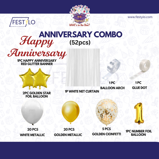 1st Anniversary Combo Decoration Kit (52 Pcs) – White & Gold Theme with Curtain