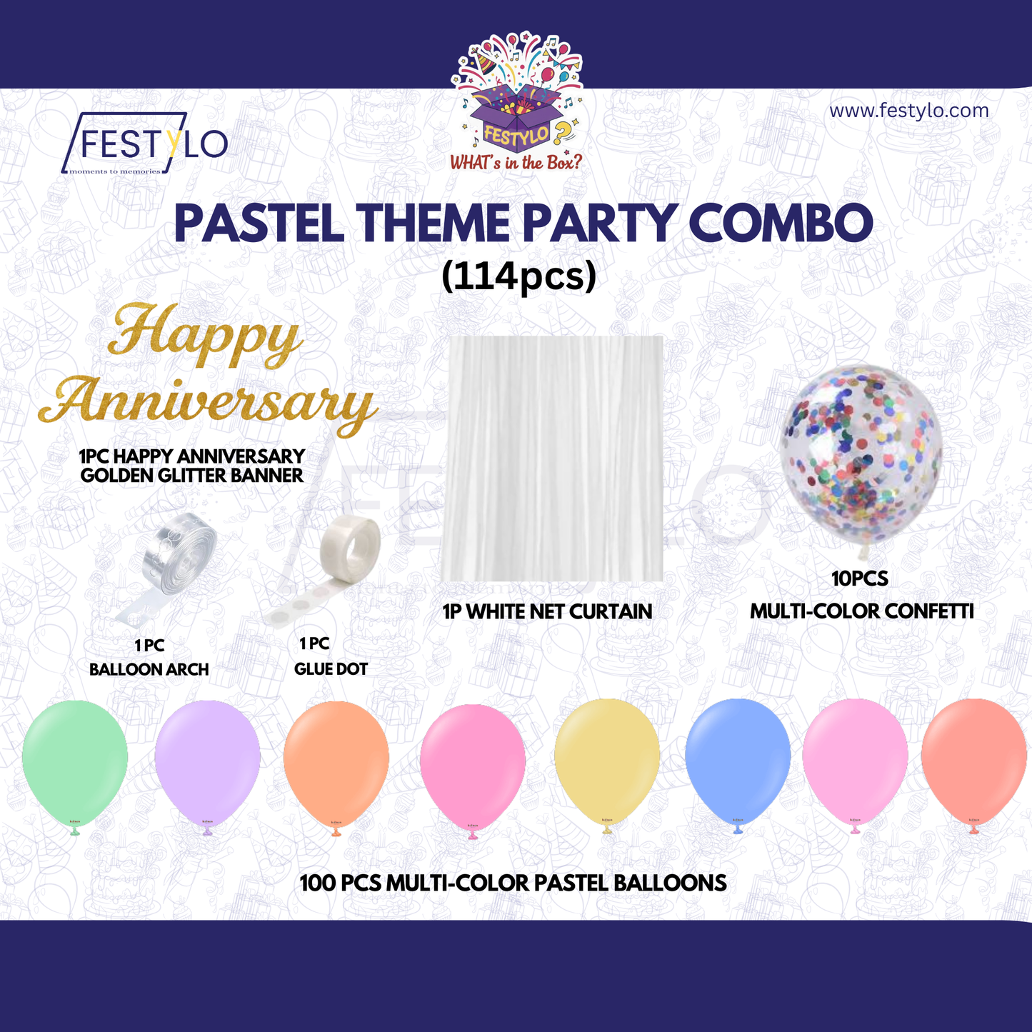 Pastel Theme Party Combo Decoration Kit (114 pcs) – Happy Anniversary