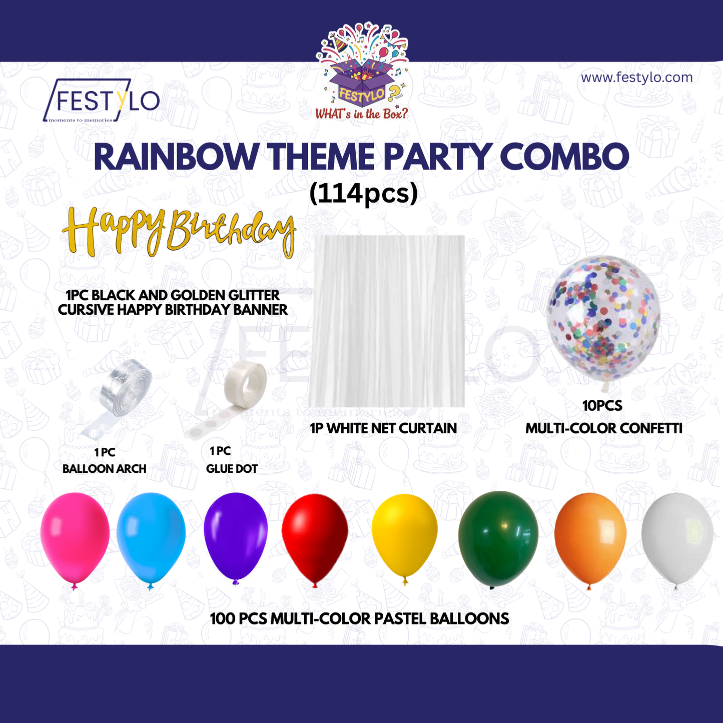 Rainbow Theme Black & Gold Banner with Multi-color confetti Decoration Kit (114 Pcs)