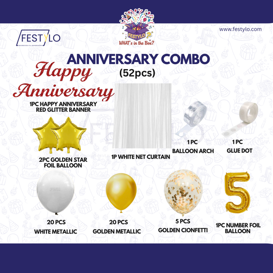 5th Anniversary Combo Decoration Kit (52 Pcs) – White & Gold Theme with Curtain