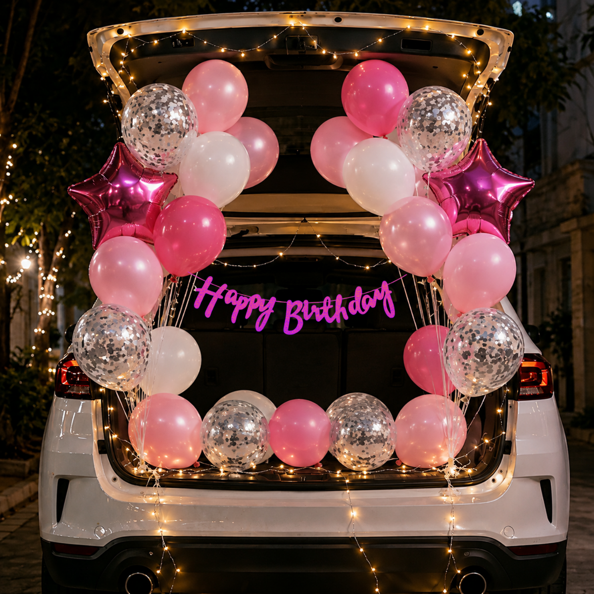Car Birthday Decoration Combo – 31 Pcs | Pink & White