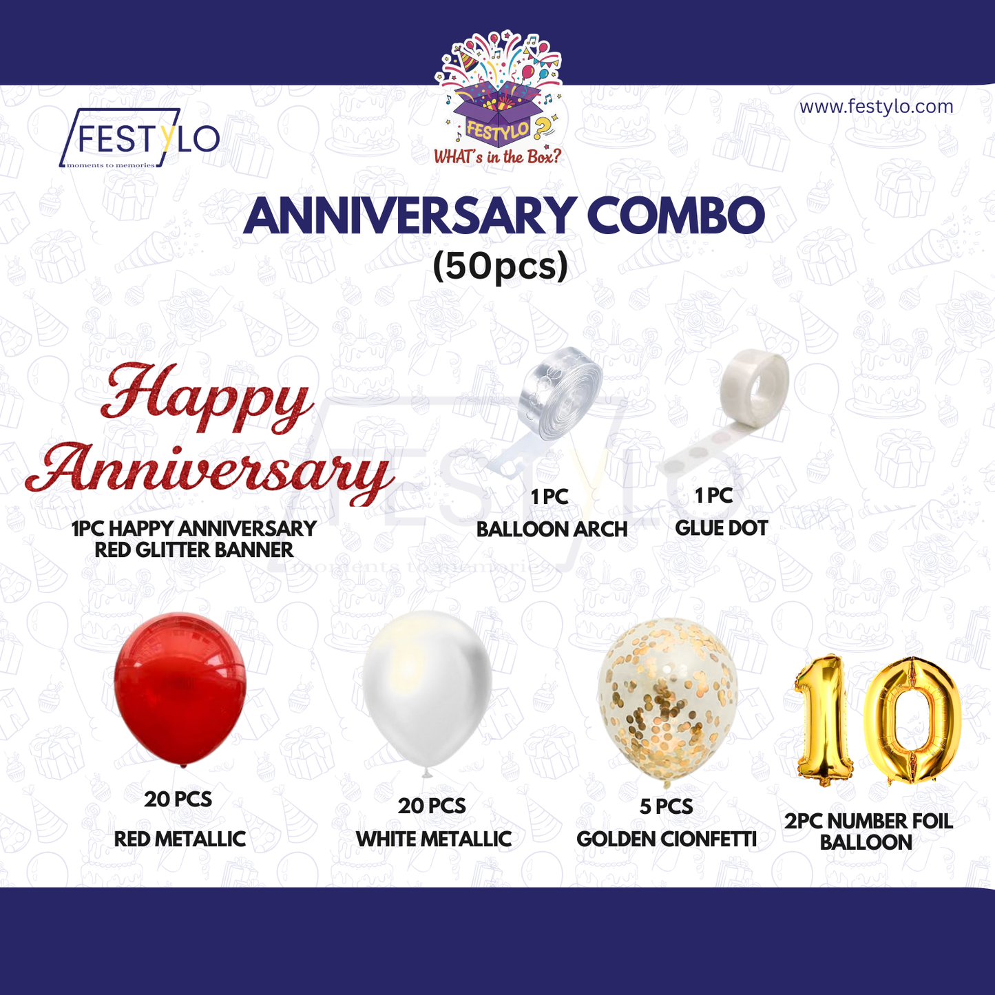 10th Anniversary Combo Decoration Kit (50 Pcs) – Red, White & Gold Theme