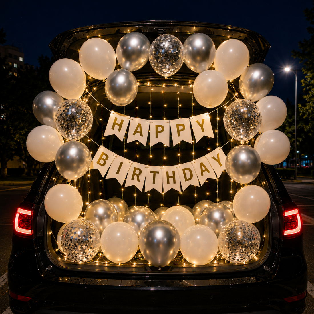 Car Birthday Decoration Combo – 29 Pcs | White & Silver