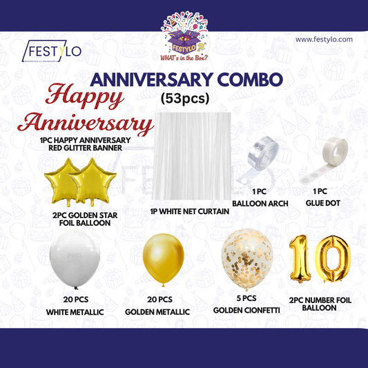 10th Anniversary Combo Decoration Kit (53 Pcs) – White & Gold Theme with Curtain
