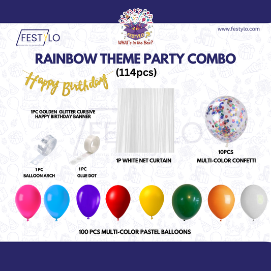 Rainbow Theme Golden Banner with Multi-color confetti Decoration Kit (114 Pcs)