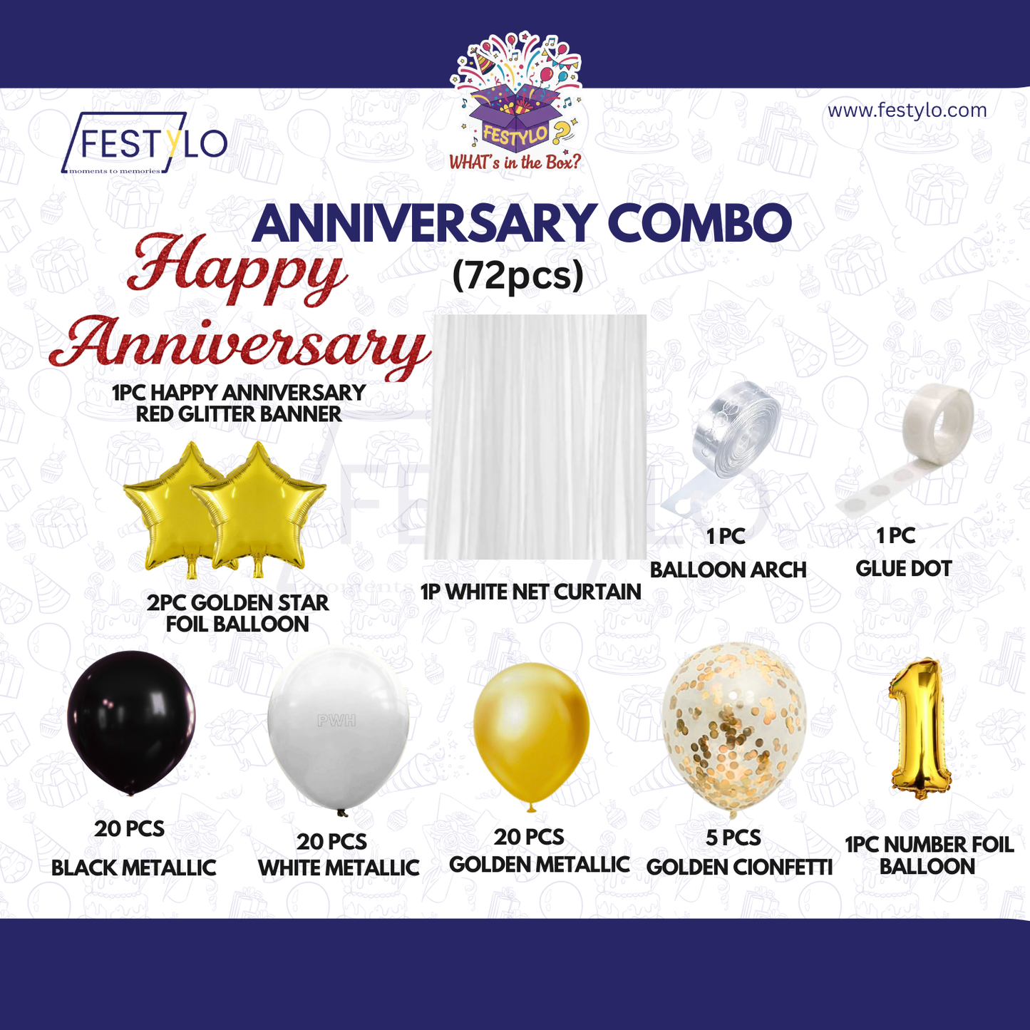 1st Anniversary Combo Decoration Kit (72 Pcs) – Black, White & Gold Theme with Curtain