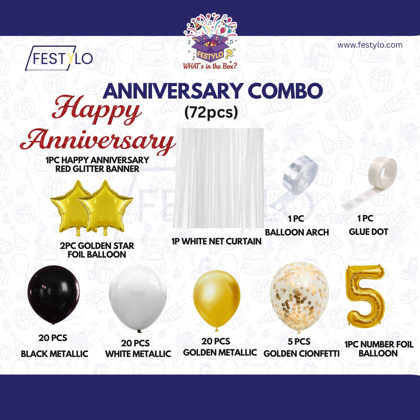 5th Anniversary Combo Decoration Kit (72 Pcs) – Black, White & Gold Theme with Curtain