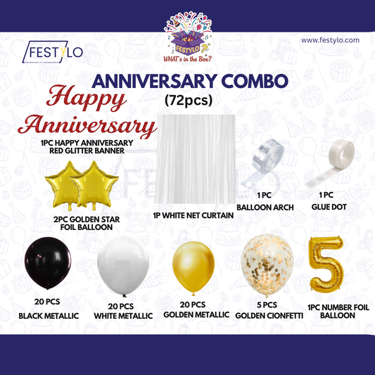 5th Anniversary Combo Decoration Kit (72 Pcs) – Black, White & Gold Theme with Curtain