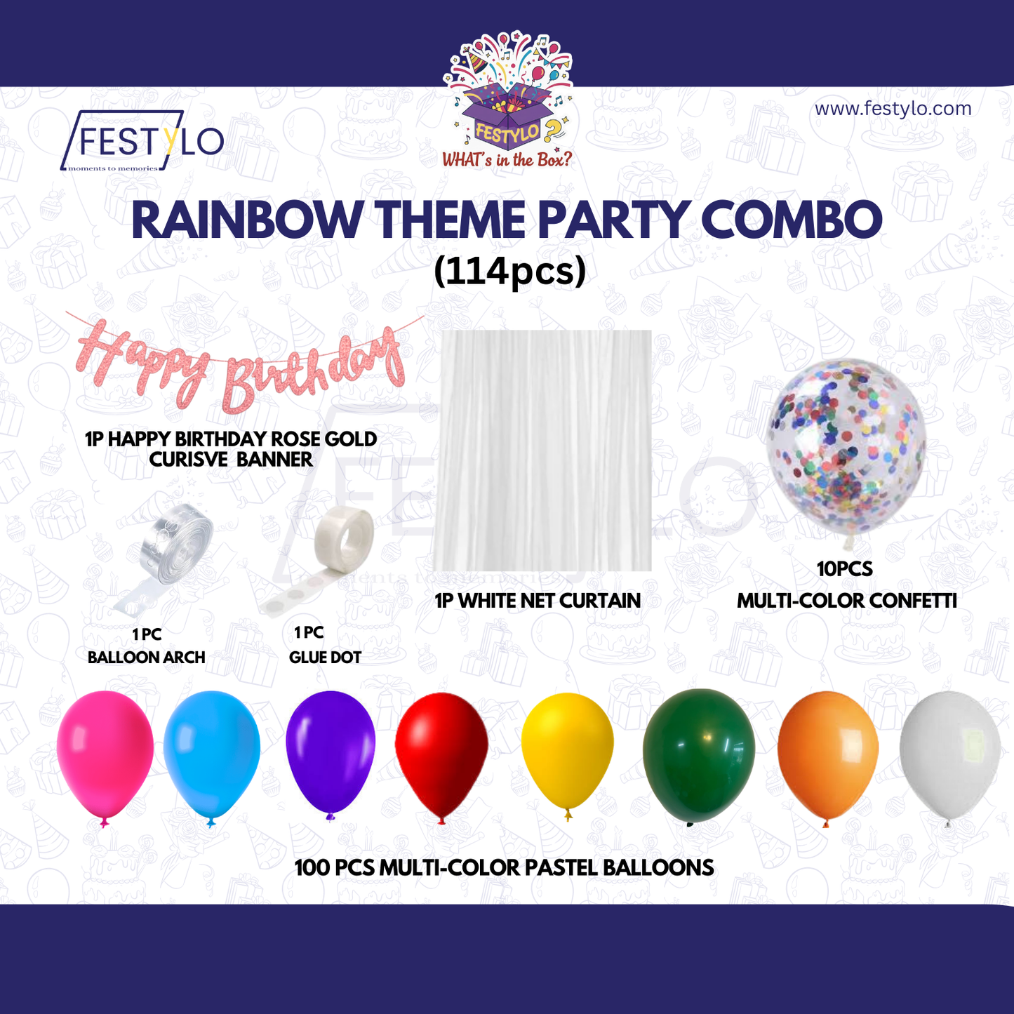 Rainbow Theme Rose-Gold Banner with Multi-color confetti Decoration Kit (114 Pcs)