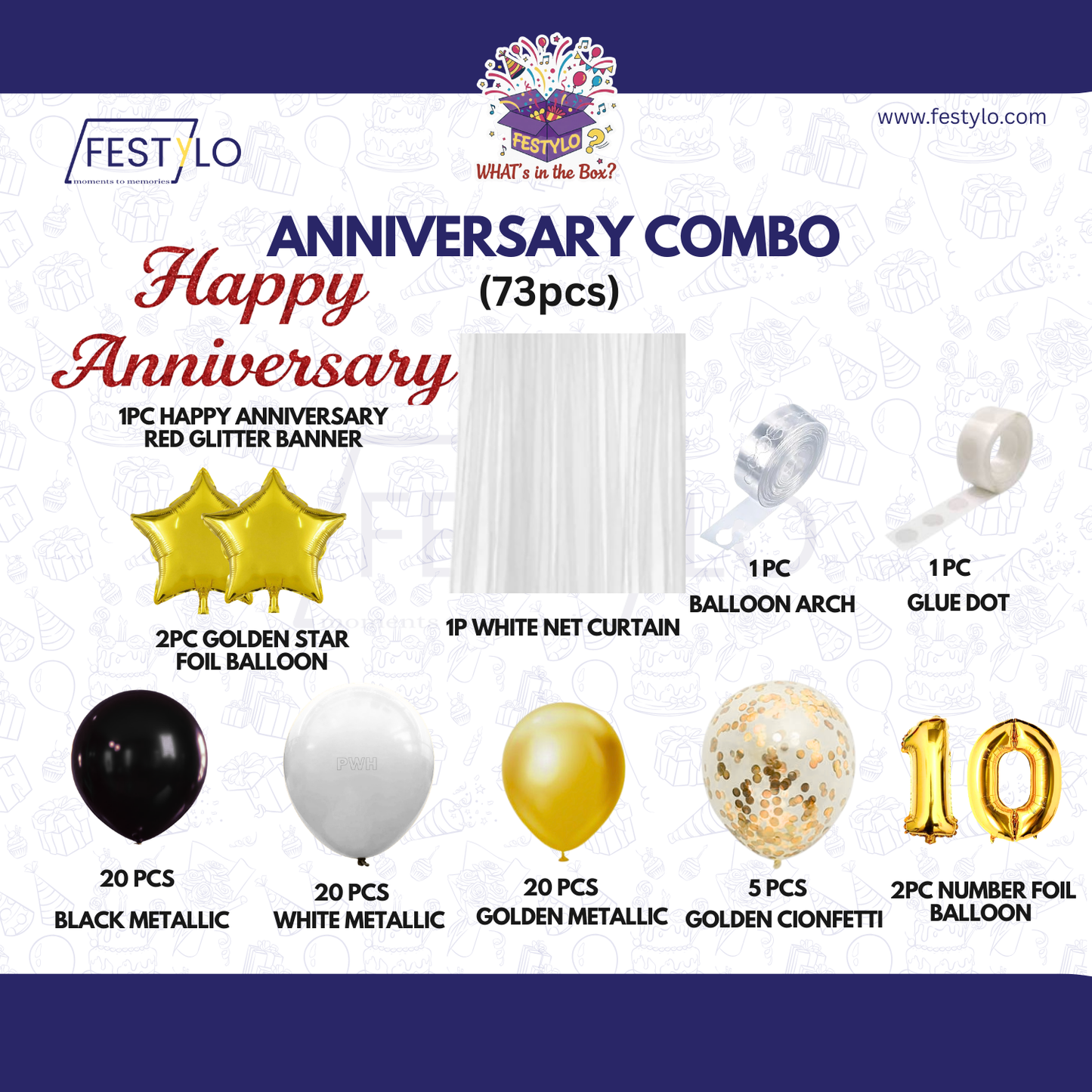 10th Anniversary Combo Decoration Kit (73 Pcs) – Black, White & Gold Theme with Curtain