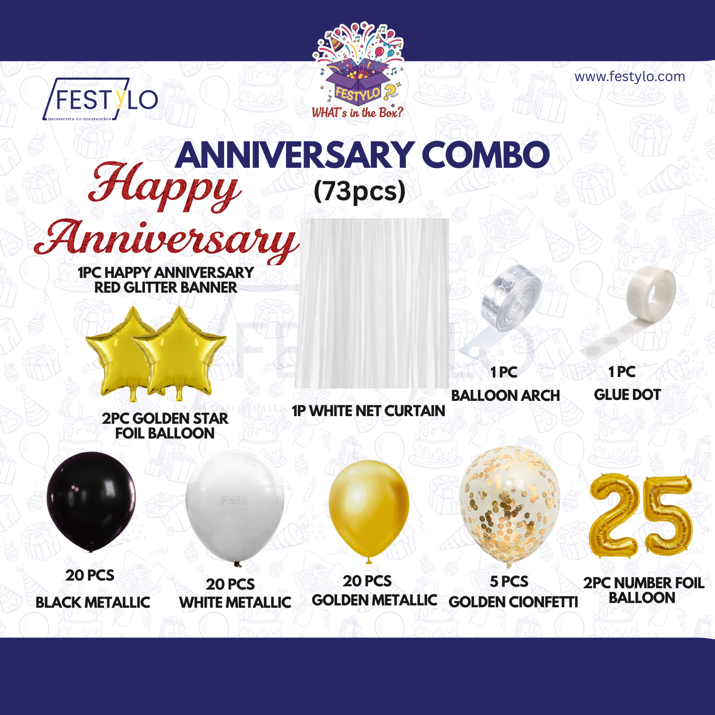 25th Anniversary Decoration Combo Kit (73 Pcs) – Black, White & Gold Theme with Curtain Backdrop