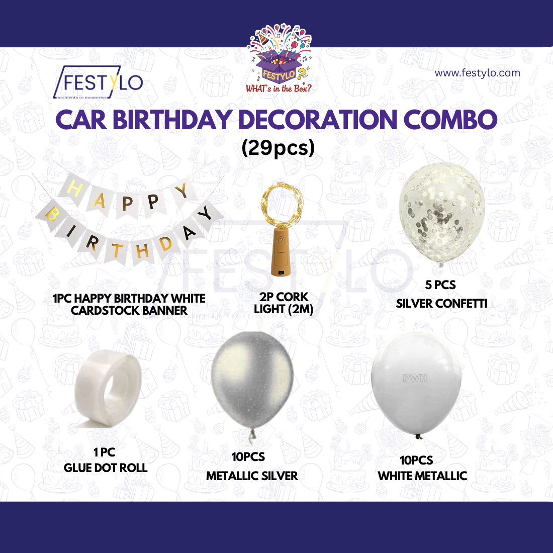 Car Birthday Decoration Combo – 29 Pcs | White & Silver