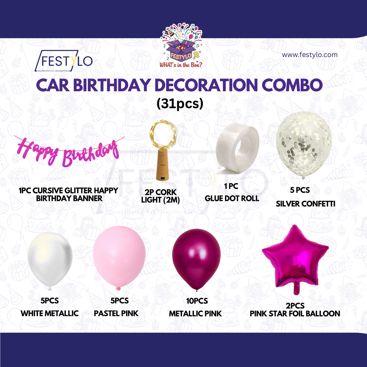 Car Birthday Decoration Combo – 31 Pcs | Pink & White