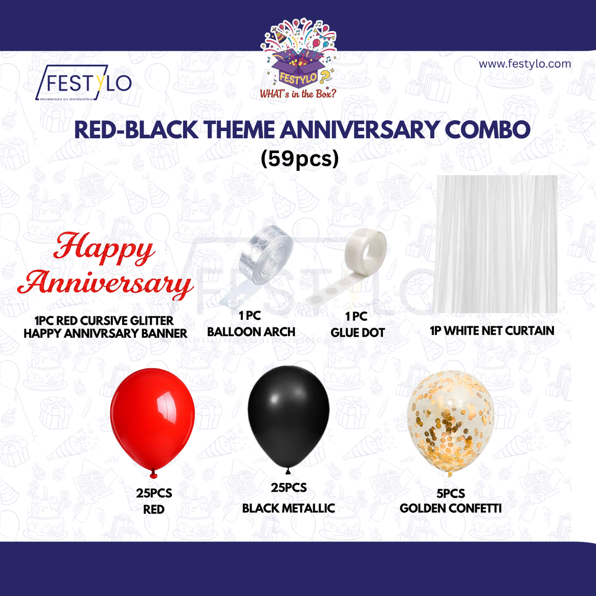 Red Black Theme Anniversary Decoration Combo – 59 Pcs