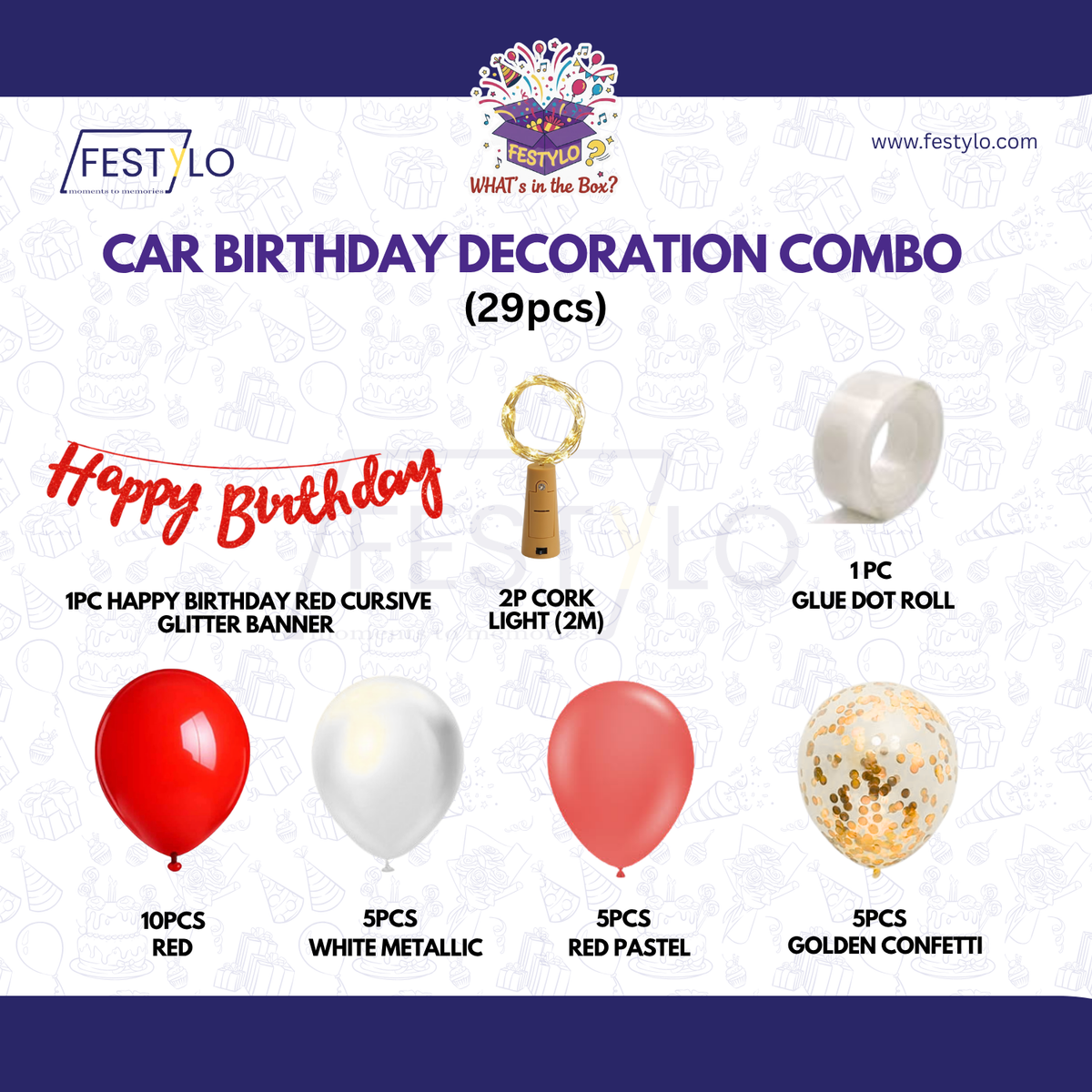 Car Birthday Decoration Combo – 29 Pcs | Red & Gold