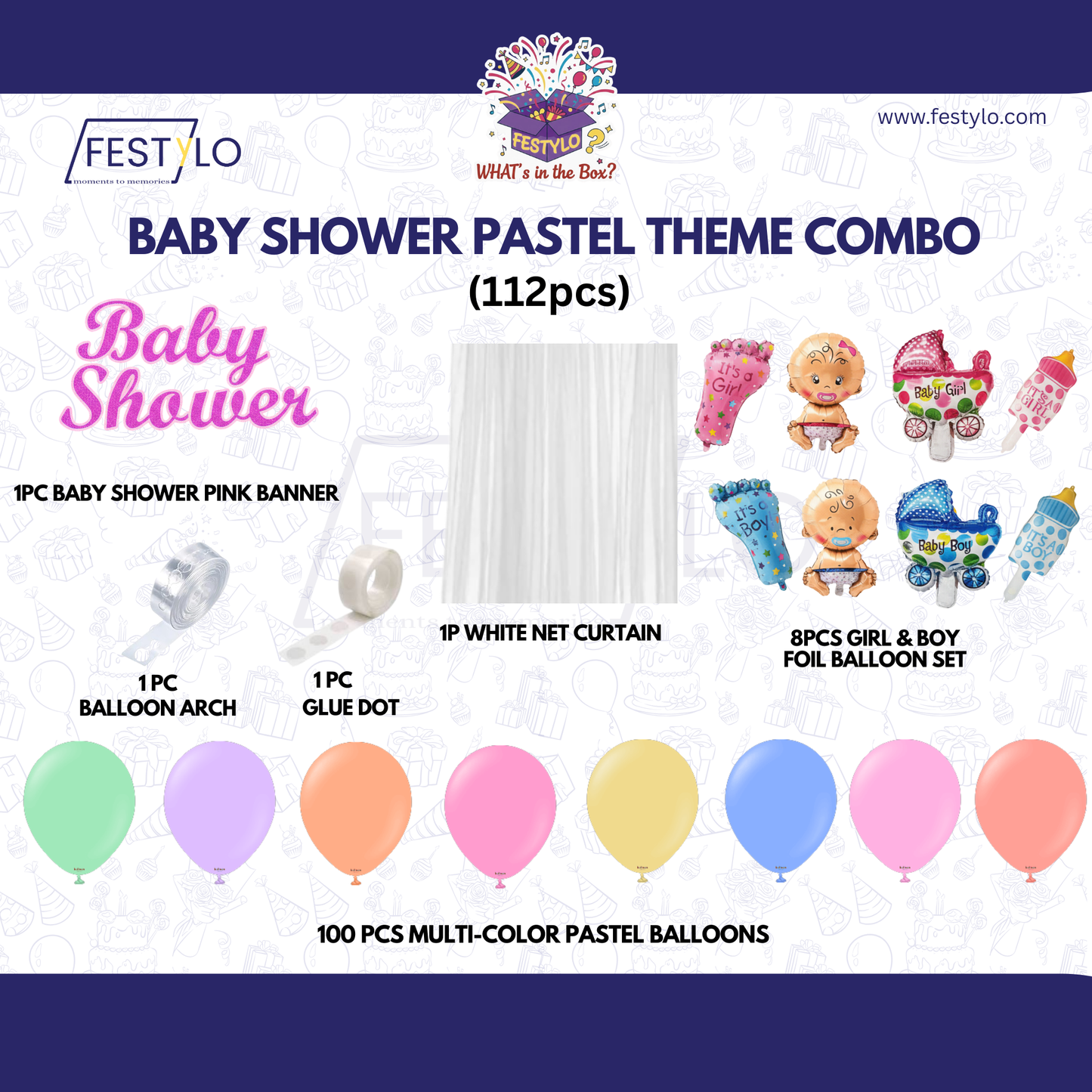 Baby Shower Pastel Theme Decoration Combo Kit (112 Pcs)