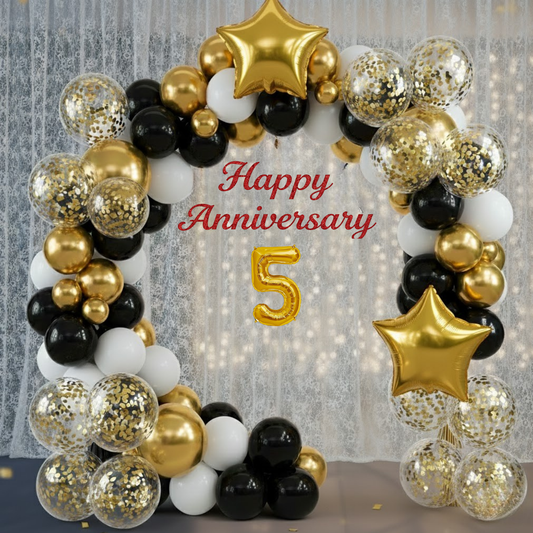 5th Anniversary Combo Decoration Kit (72 Pcs) – Black, White & Gold Theme with Curtain