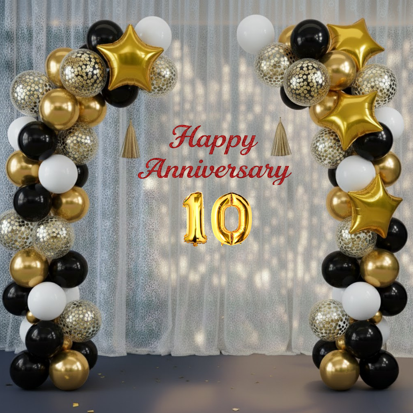 10th Anniversary Combo Decoration Kit (73 Pcs) – Black, White & Gold Theme with Curtain