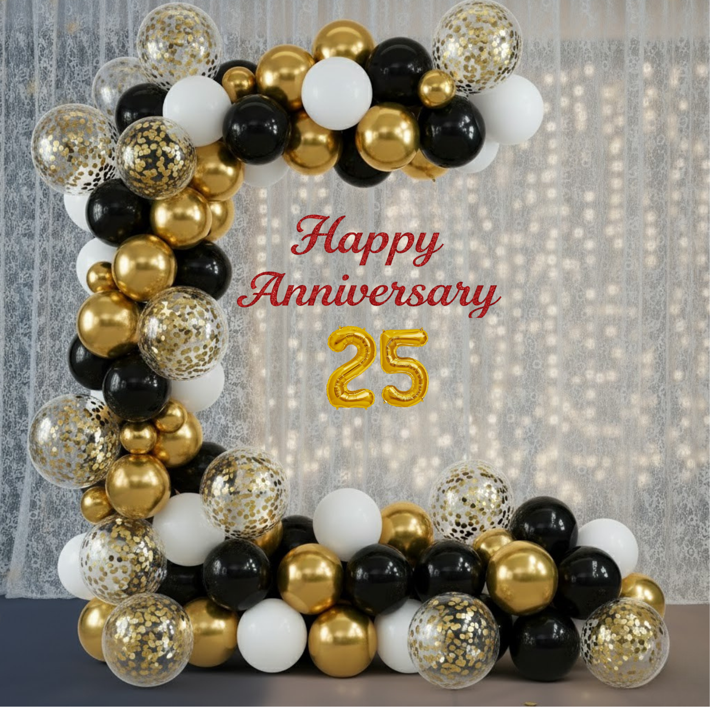 25th Anniversary Decoration Combo Kit (73 Pcs) – Black, White & Gold Theme with Curtain Backdrop