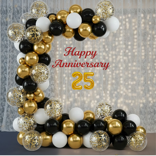 25th Anniversary Decoration Combo Kit (73 Pcs) – Black, White & Gold Theme with Curtain Backdrop
