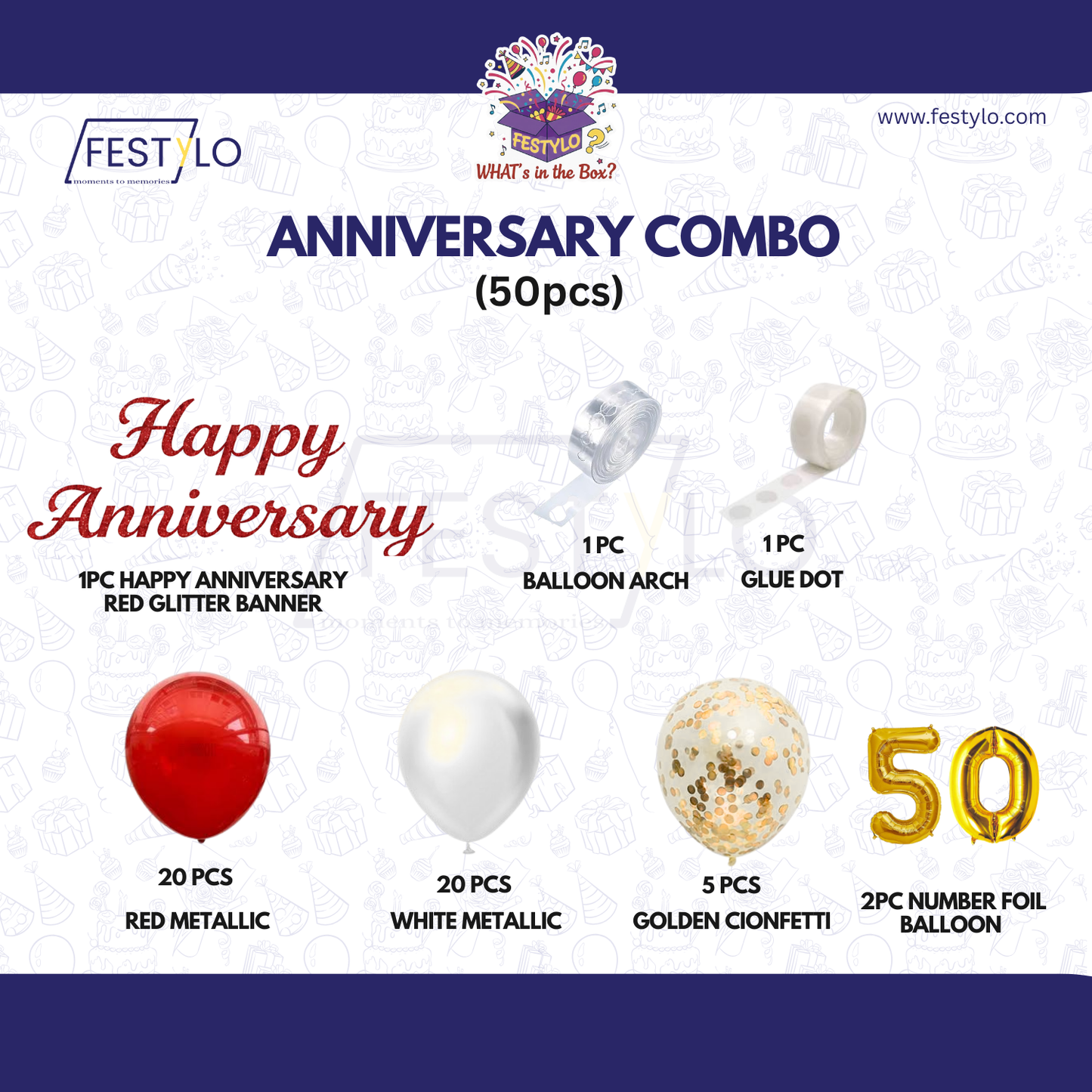 50th Anniversary Combo Decoration Kit (50 Pcs) – Red, White & Gold Theme