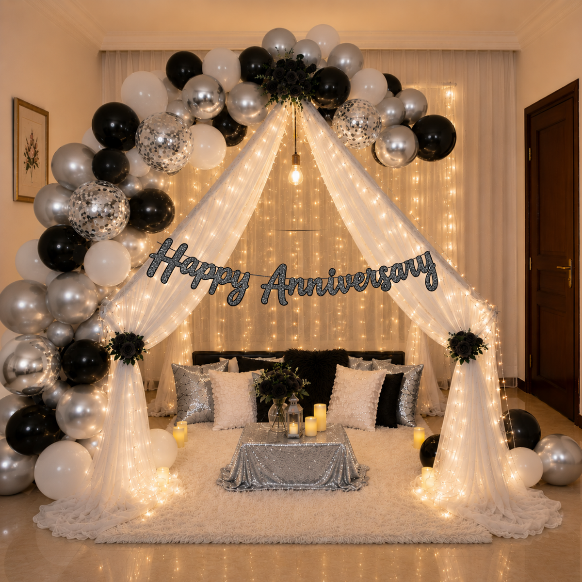 Silver Black Theme Anniversary Decoration Combo – 59 Pcs