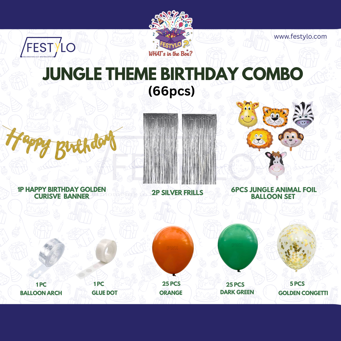 Jungle Theme Birthday Combo (66 pcs) Silver Frills
