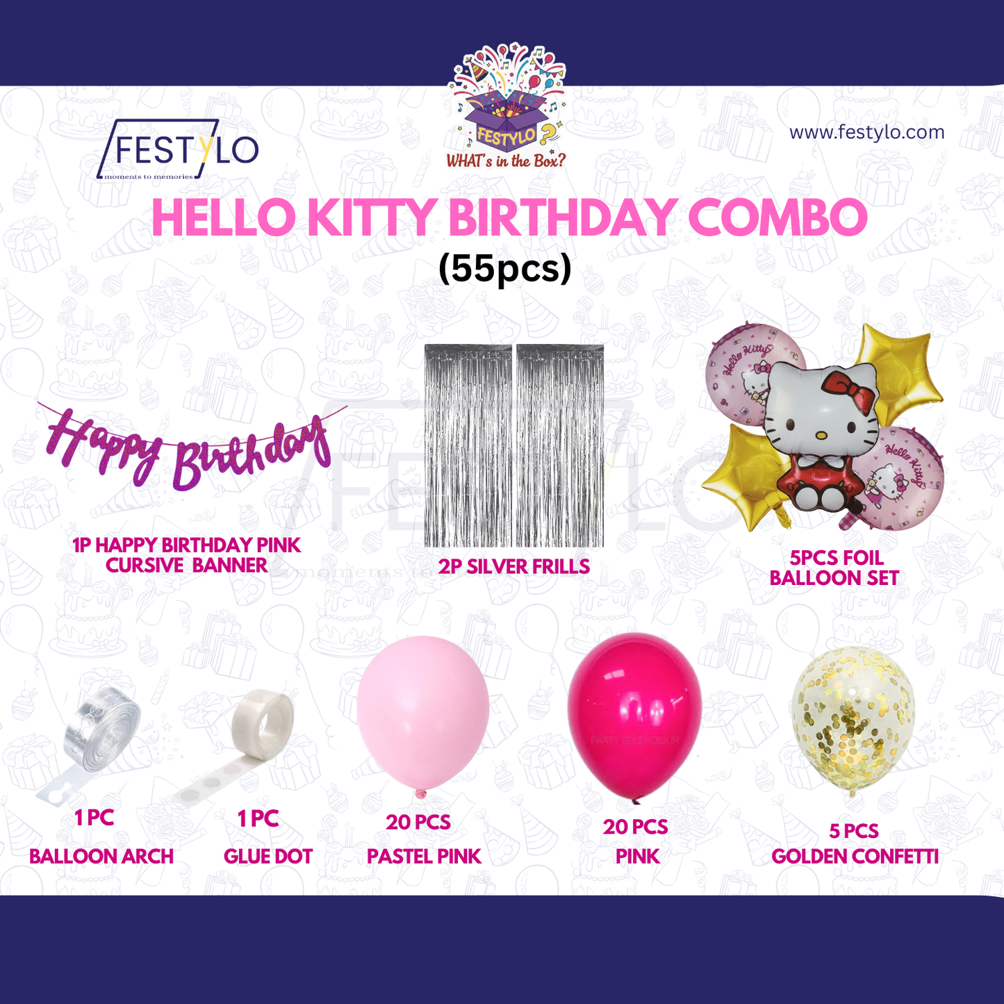 Hello Kitty Birthday Combo (55 pcs) Silver Frills