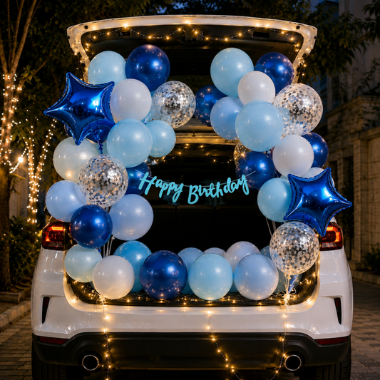 Car Birthday Decoration Combo – 31 Pcs | Blue & White