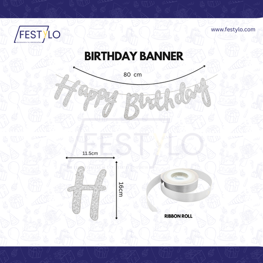 Silver Cursive Birthday Party Banner