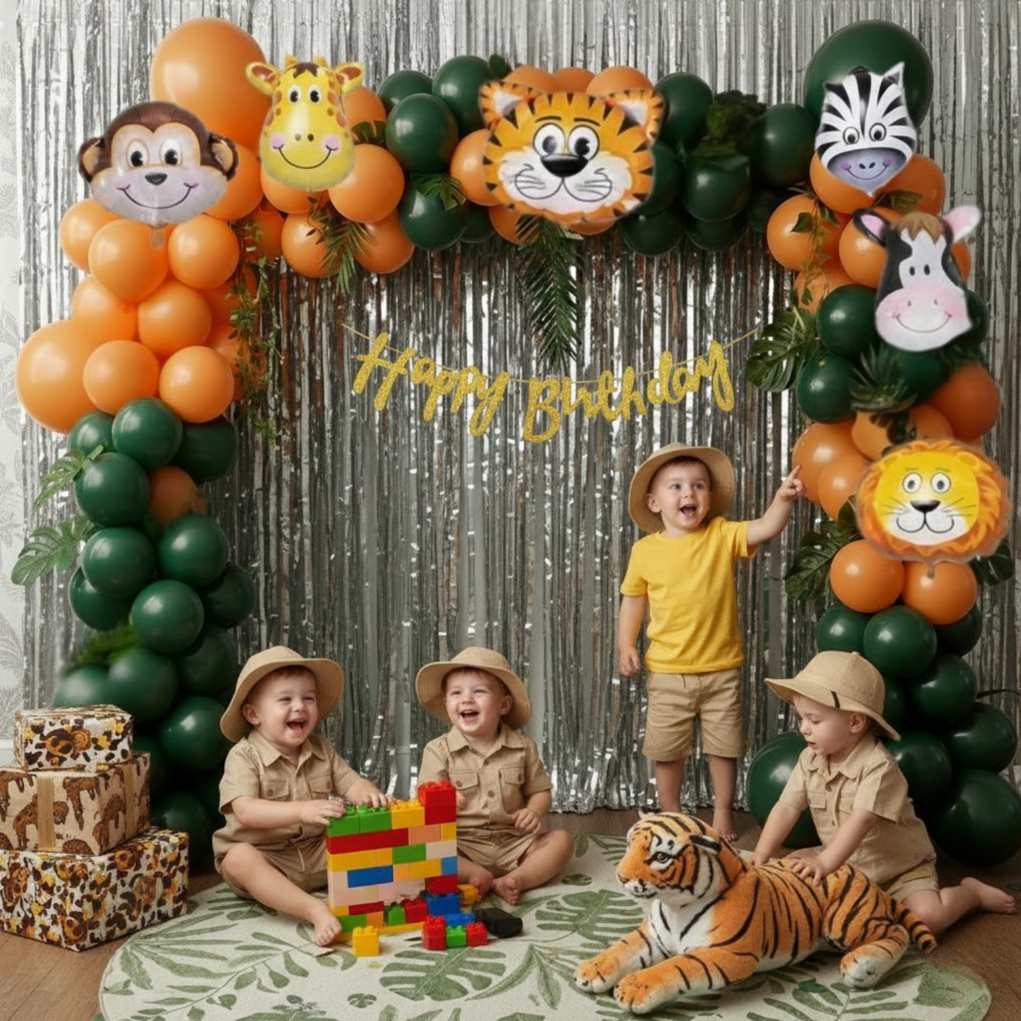Jungle Theme Birthday Combo (66 pcs) Silver Frills