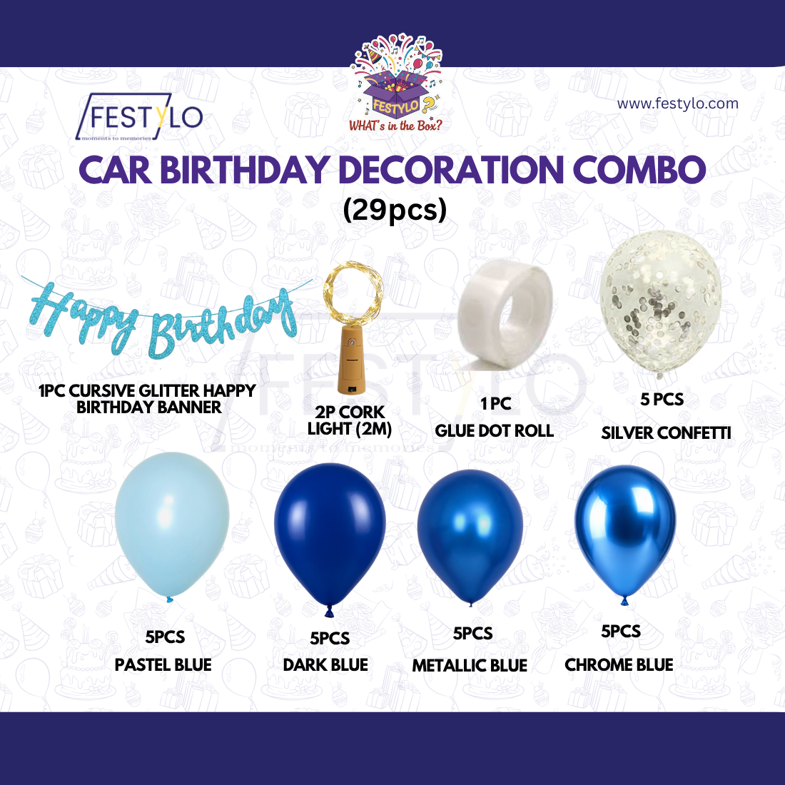 Car Birthday Decoration Combo – 29 Pcs | Blue Theme
