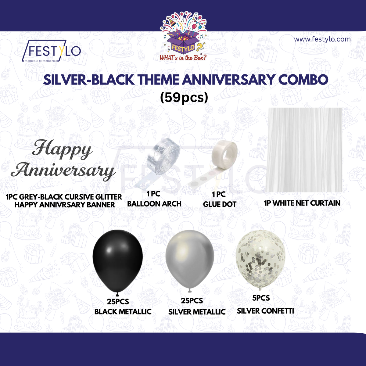 Silver Black Theme Anniversary Decoration Combo – 59 Pcs
