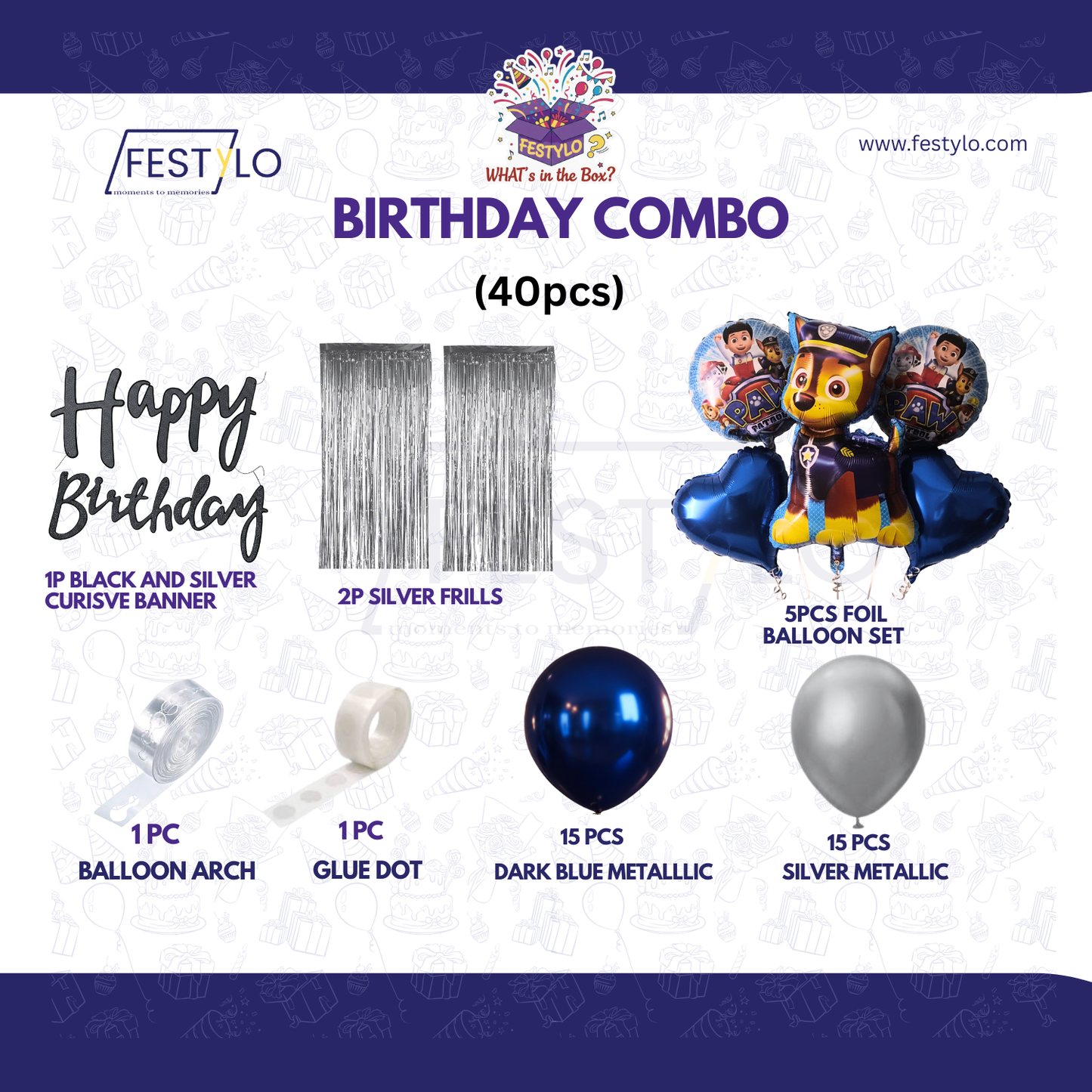 Paw Patrol Blue Silver Birthday Combo (40 Pcs)