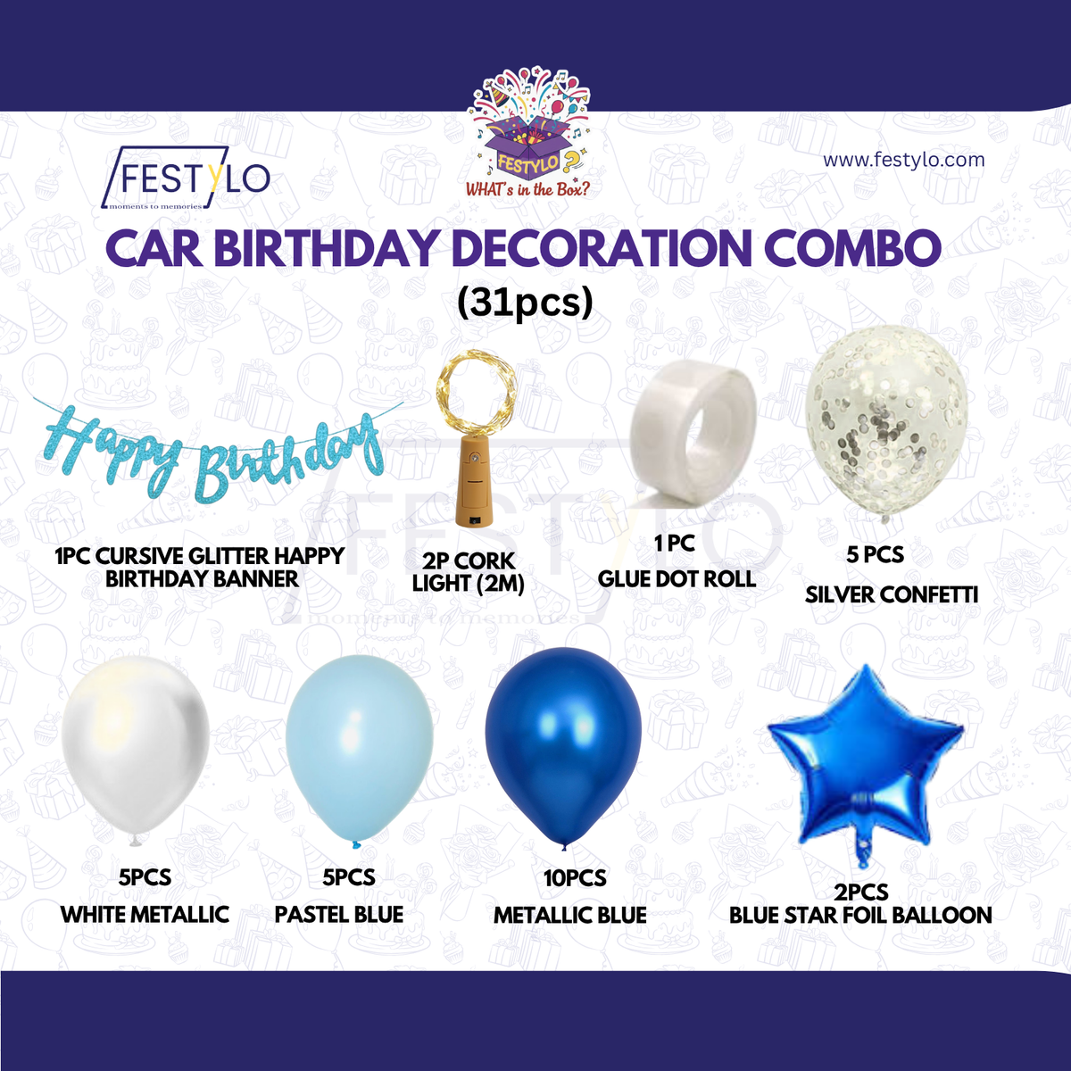 Car Birthday Decoration Combo – 31 Pcs | Blue & White