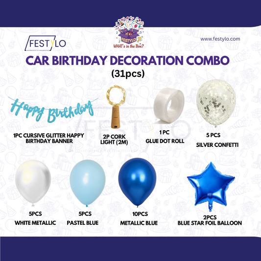 Car Birthday Decoration Combo – 31 Pcs | Blue & White