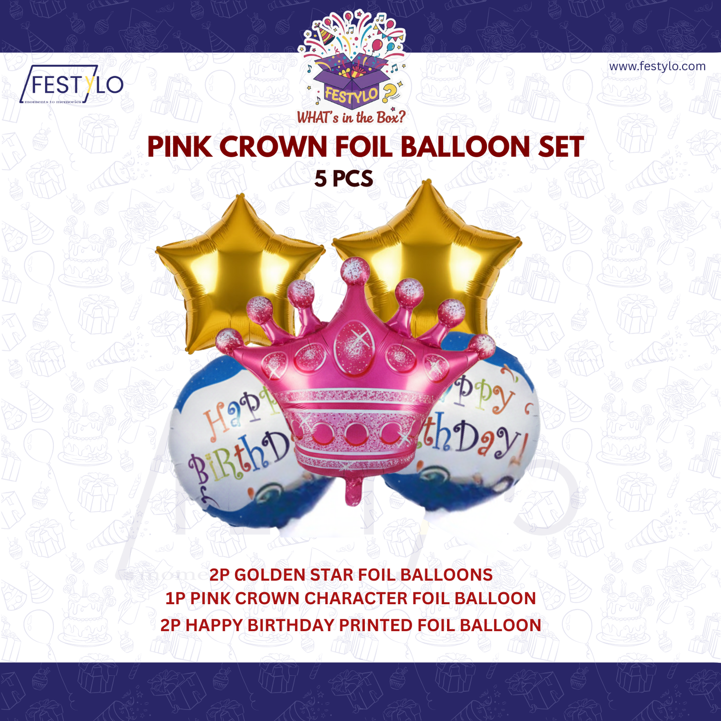 Princess Crown Birthday 5 pcs Foil Balloons