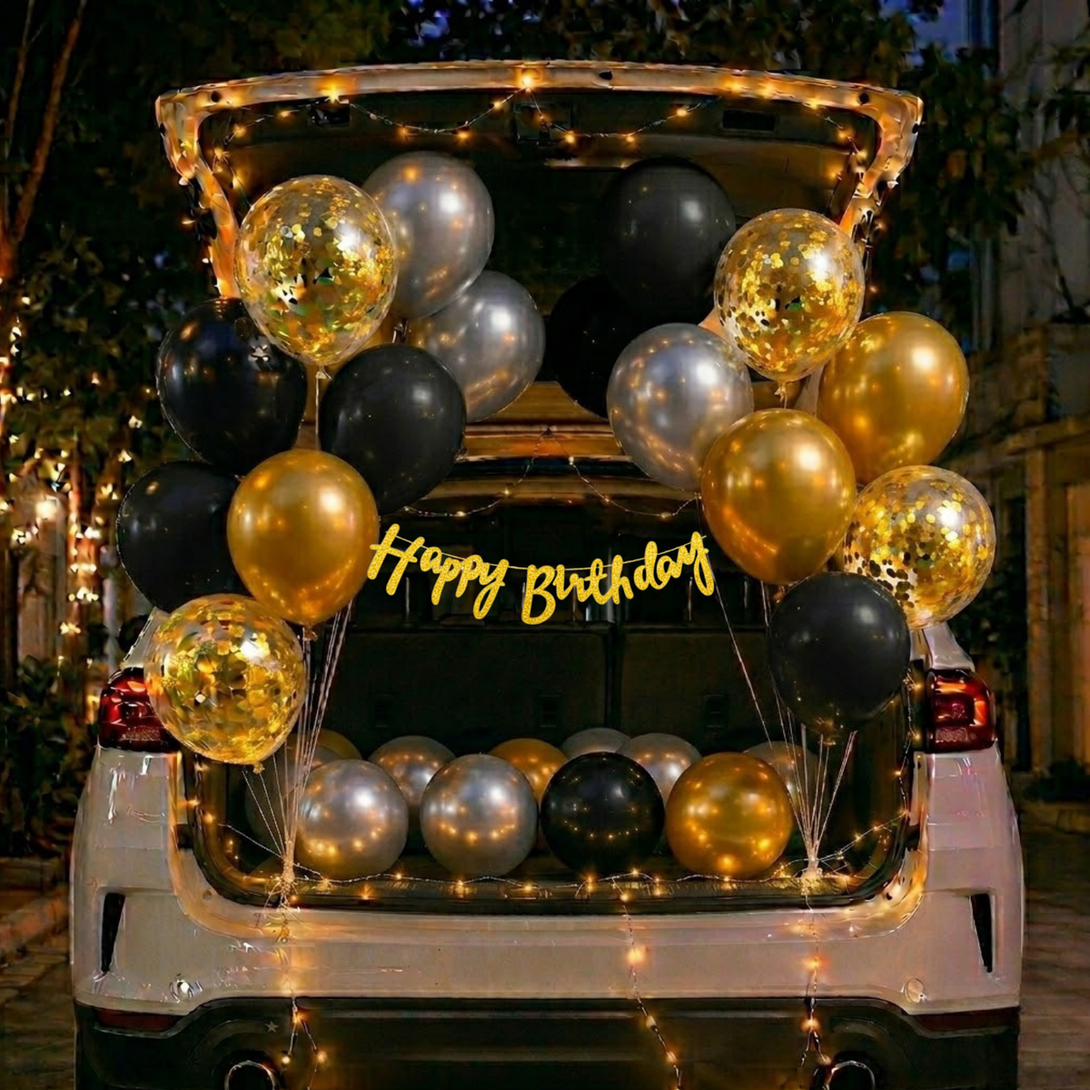 Car Birthday Decoration Combo – 29 Pcs | Black, Silver & Gold
