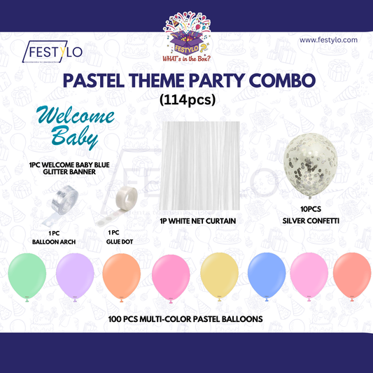 Pastel Theme Party Combo Decoration Kit (114 pcs) – Welcome Baby Balloon Arch Set