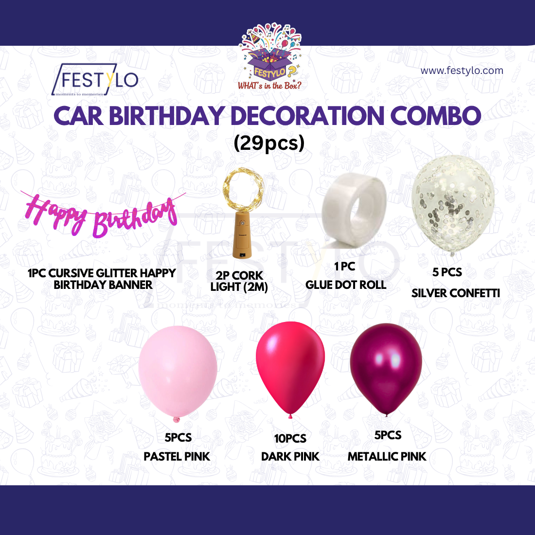 Car Birthday Decoration Combo – 29 Pcs | Pink Theme