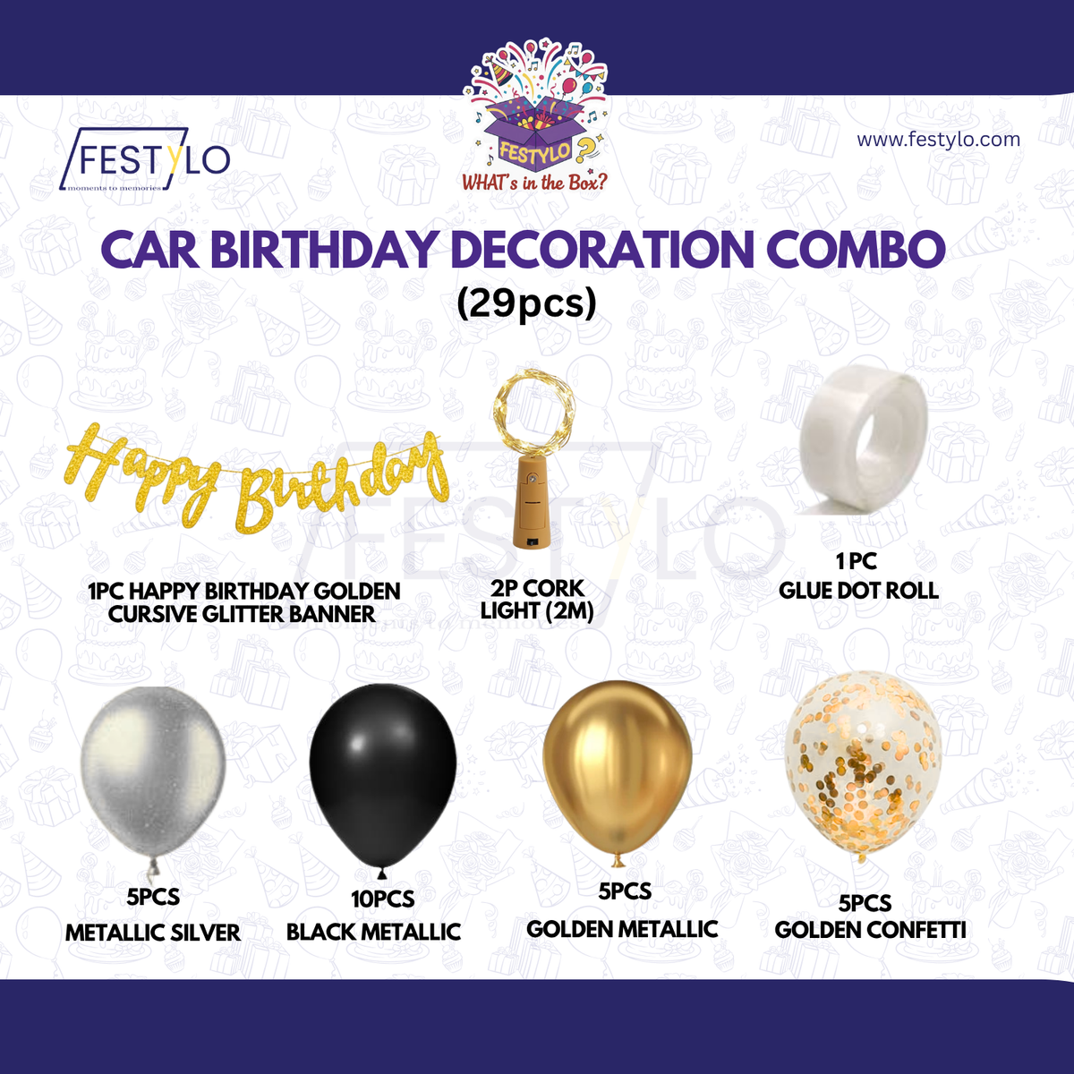 Car Birthday Decoration Combo – 29 Pcs | Black, Silver & Gold